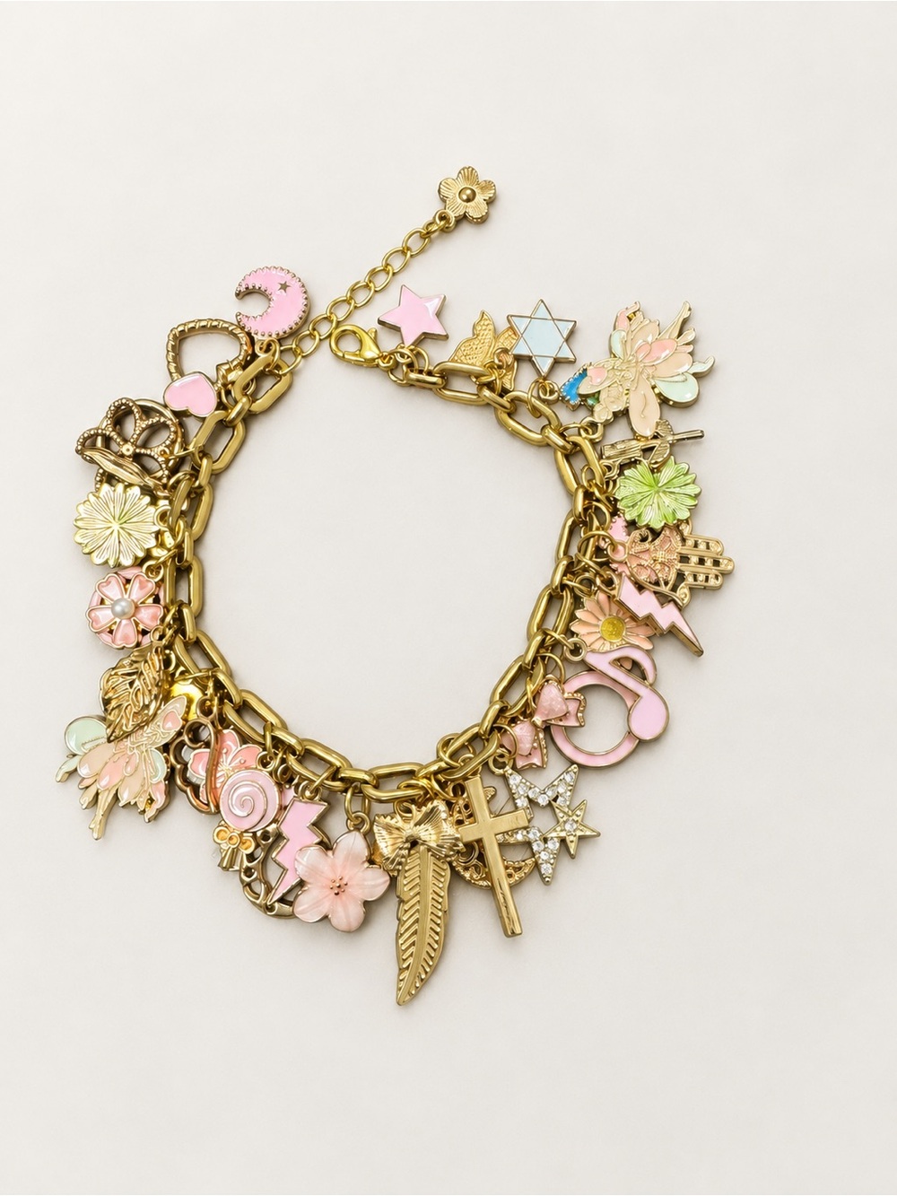 Gold Charm Bracelet with Pink Enamel Accents